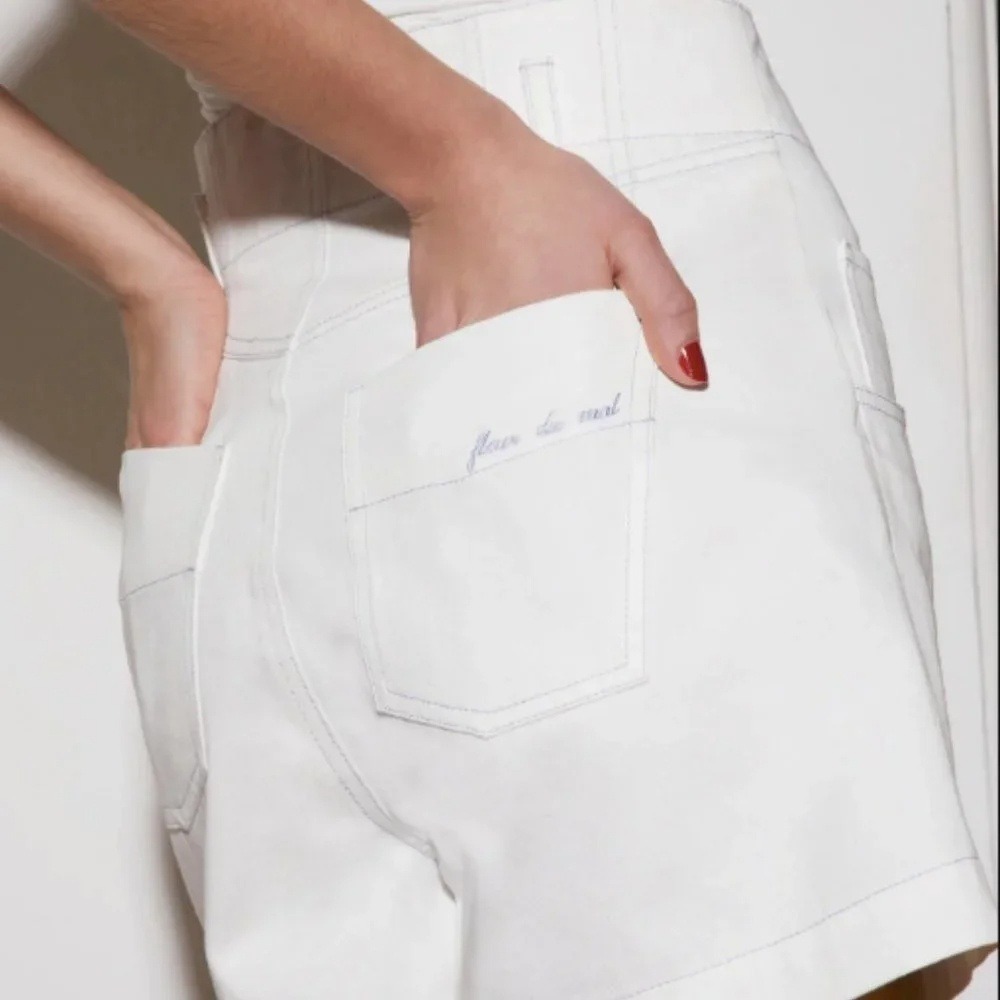 Fleur du Mal Womens White High Waisted Contrast Stitch Twill Denim Shorts Size 2 - Picture 2 of 13